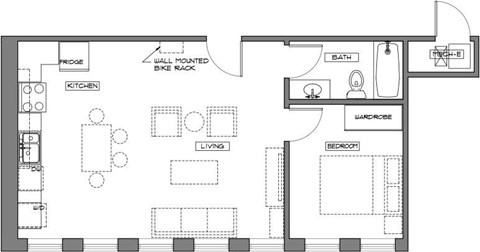 Floor plan for 1 bed, 1 bath, 568 sqft